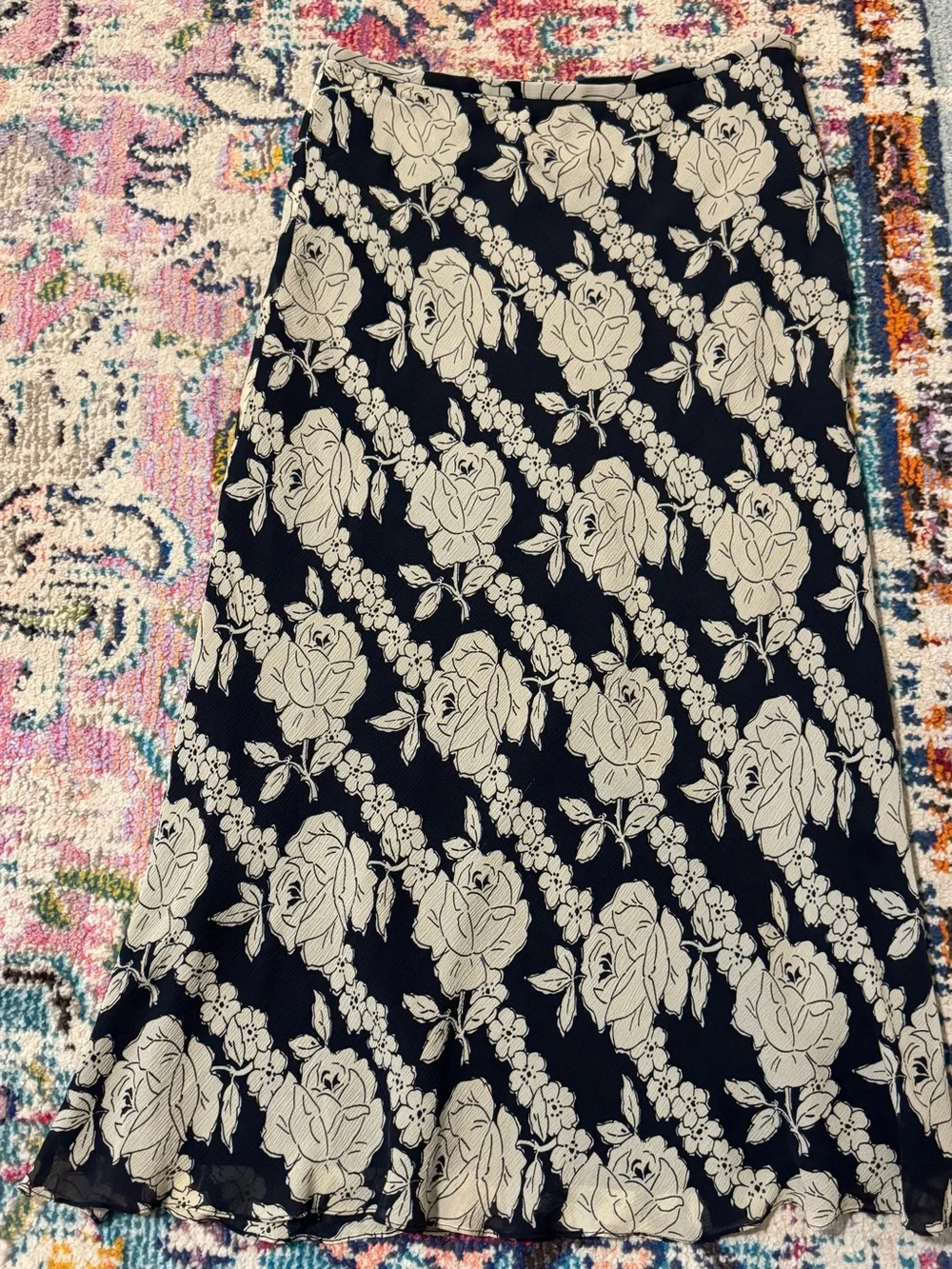 Vintage Ann Taylor Black and Cream Rose Floral Silk Midi Skirt Lined